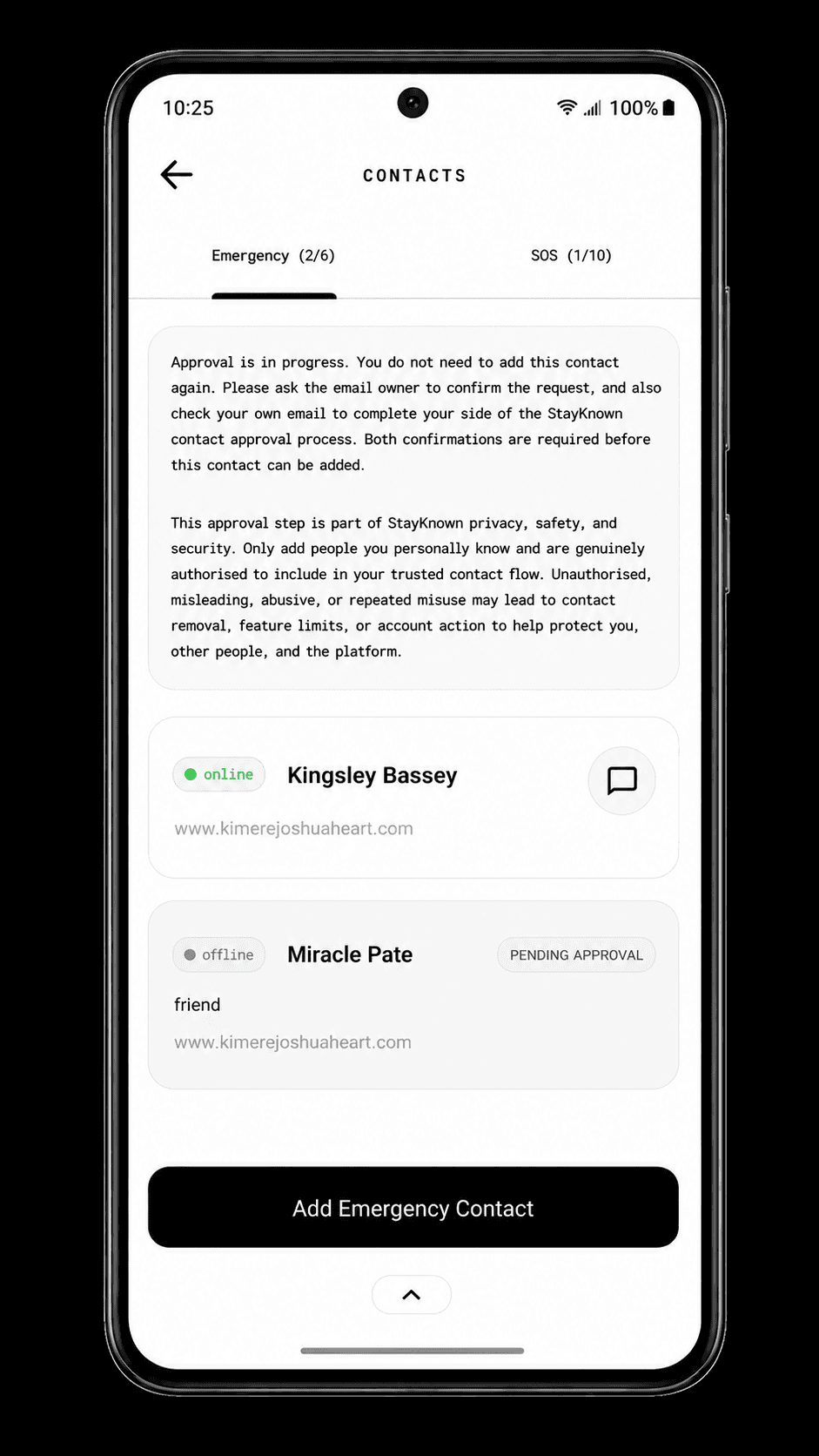 StayKnown approved-contact request and consent screen