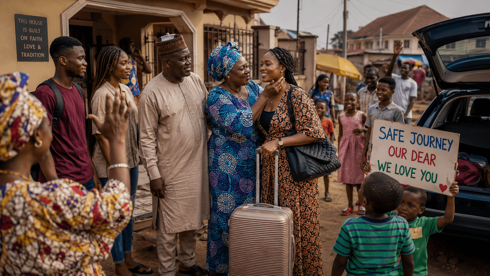 A family saying goodbye to a loved one before a journey
