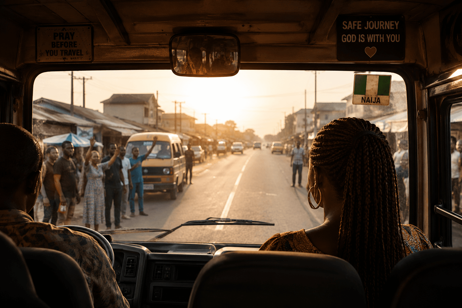 A Nigerian journey scene viewed from inside a bus